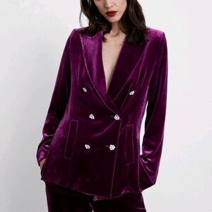 ZARA Luxe Purple Velvet Rhinestone Button Oversized Women's Blazer